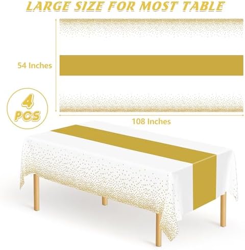 4Pack Disposable Plastic Table Cloths for Parties, 54" x 108" White and Gold Rectangle Table Covers, Waterproof Tablecloth for Rectangle Tables Suitable for New Years Eve Thanksgiving Wedding Supplies - Image 2