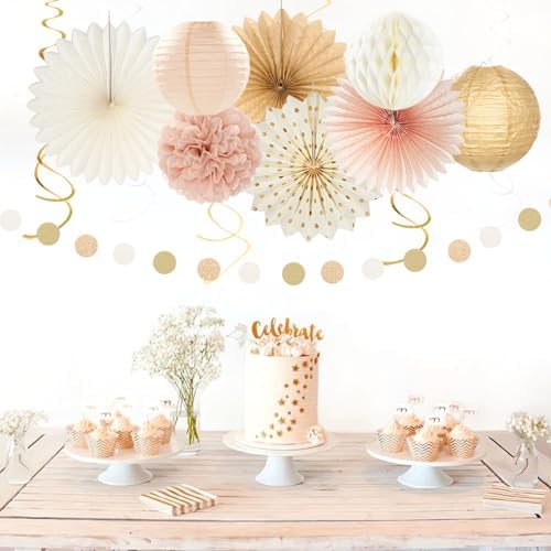 Champagne-Gold Fall Boho Baby Shower Party-Decorations - 21pcs Girls Welcome Baby Banner,Beige One Sweet Peach Paper Lanterns Pom Poms, Neutral Streamers Garland Decor Favors Huglony - Image 7