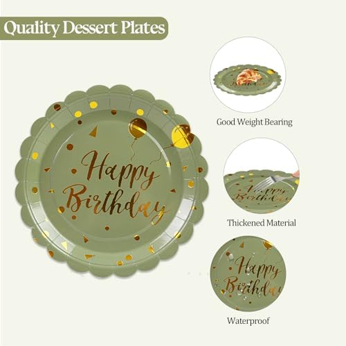 50PCS Happy Birthday Paper Plates and Napkins Set - 7 Inch Sage Green and Gold Birthday Cake Plates Scalloped Dessert Plate Disposable Tableware for Birthday's Party Supplies Decorations - Image 4