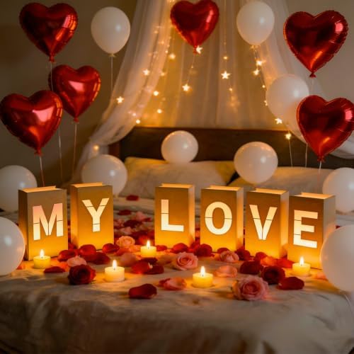 MY LOVE Light Up Letters, with Tea Lights Candles, Rose Petals, Pearlescent Foil Balloons - Luminary Paper Bags, Anniversary Decorations and Valentines' Day Decorations for Your Loved One by Peledic