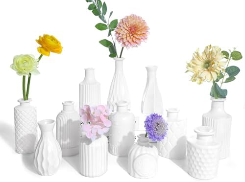 UPBUD White Glass Bud Vases Set of 12, Small Vases for Flowers, Mini Flower Vases in Bulk for Wedding Decoration, Vintage Vase for Baby Shower Centerpieces, Home Décor by UPBUD