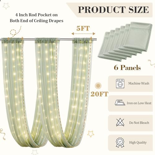 6 Panels Green Ceiling Curtains with Lights for Weddings - 5ftx20ft Wrinkle-Free Tulle Fabric Wedding Arch Draping Ceiling Drapes Decorations for Wedding Party Ceremony Stage Tent Event - Image 2