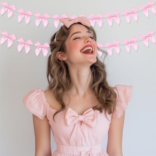 2pcs Pink Bow Garland Banner, Pink Ribbon Bow Party Decorations for Baby Shower Girls Bow Coquette Birthday Party Decor - Image 4
