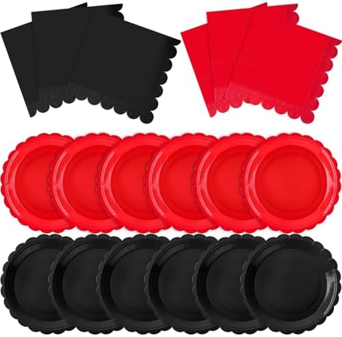 120 Pcs Red and Black Paper Plates and Napkins,7In Scalloped Plate by Tiangrid