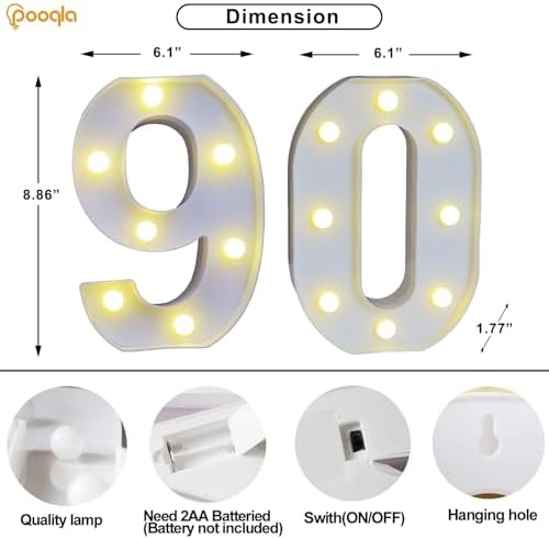 Pooqla Decorative LED Light Up Number Letters, White Plastic Marquee Number Lights Sign for 90th Birthday Party Wedding Decor, Battery Operated - Image 4
