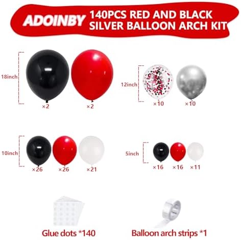 Red Black and White Balloon Arch Kit, ADOINBY 140Pcs Red and Black White Silver Garland kit, 18 12 10 5 Inch Different Size Balloons for Birthday Party Anniversary Racing Car New Year Prom Decorations - Image 2
