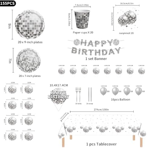 155PCS Disco Party Decorations Black Silver Disco Paper Plates Napkins Banner Tablecloth And Balloons Dessert Tableware Set Hip Hop Birthday Party SuppliesTableware 20 Guests - Image 2