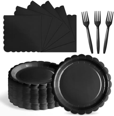 105PCS Black Paper Plates & Napkins Set, 7inch Scallope, with Forks by Tyzarglef
