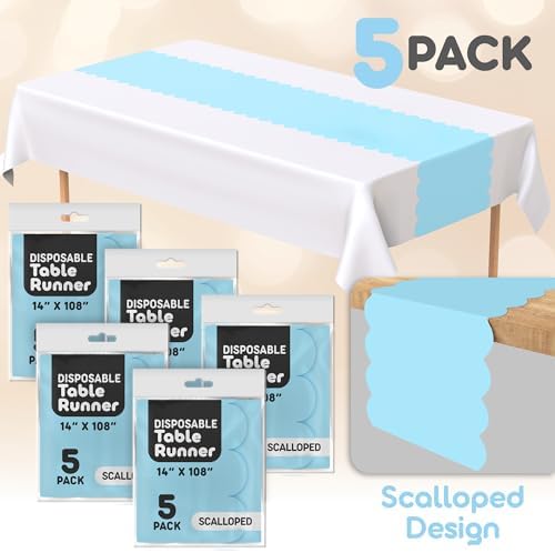 Light Blue Scallop Table Runner, Disposable Plastic, 5 Pack, 14x108in - Image 2