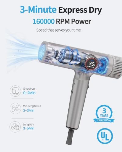 160,000 RPM High Speed Ionic Hair Dryer with Diffuser - Professional Brushless Motor for Fast Drying,Smart LED Display&NTC Heat Control, Quiet & Lightweight, Auto-Cleaning,for All Hair Types - Image 2