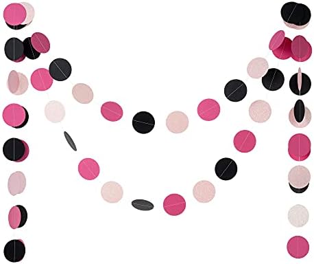 WEVEN Hot Pink Black Iridescent Glitter Paper Garland Circle Dot Streamers Party Banner for Birthday Decorations Supplies, 2.5" in Diameter, 20 Feet in Total - Image 2