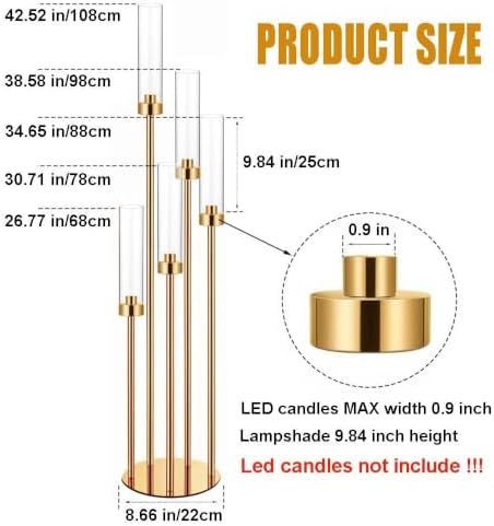 42.5in Gold Candle Holders for Table Centerpiece Candelabra Candlestick Holders Decor Wedding Centerpiece Table Decorations 5 arm Candle Holder Set of 2 Acrylic lampshade Fit 0.9" LED Candle - Image 2