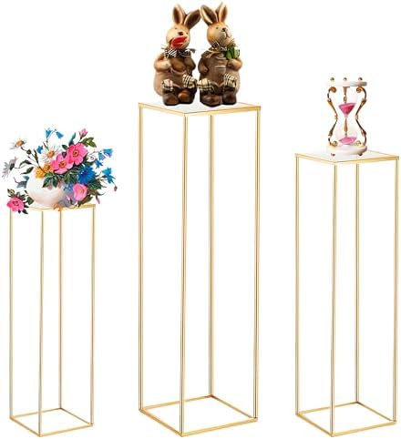 3PCS Cylinder Pedestal Stands for Parties, Square Gold Metal Plant Cylinder Stands for Party Flowers, Display Columns Pedestal Stand Cylinder Tables for Vases Birthday Party Decorations by Latywen
