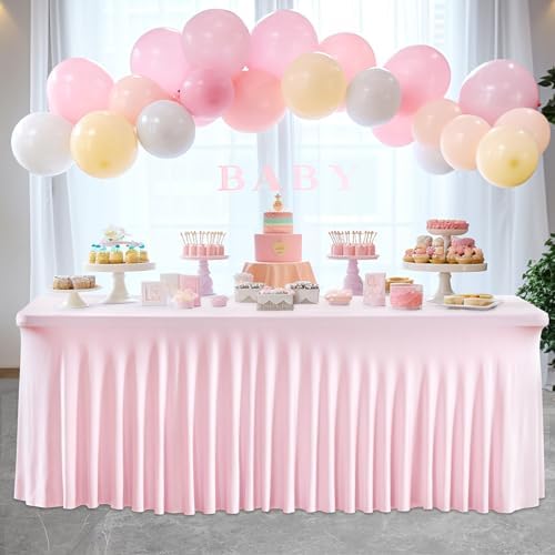 Wish Care 2 Pack Pink Spandex Table Clothes for 4 Foot Rectangle Tables, 4FT Wrinkle Free Fitted Tablecloths Ruffles Design Table Cover for Party, Banquet, Wedding and Events - Image 5