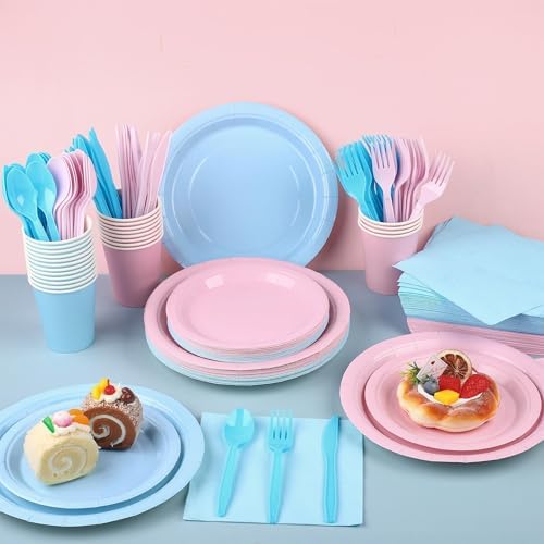 Kochorie 216 Pcs Gender Reveal Party Supplies Set, Pink and Blue Disposable Paper Tableware Set 7 inch & 9 inch Plates Cups Napkins Cutlery for Birthday Baby Shower Party Decorations, Serve 24 - Image 4