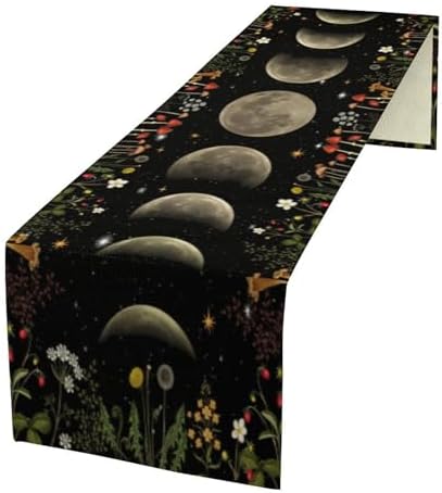 Moon Mushroom Table Runner Vintage Moon Phase Floral Moonlit Wildflower Botanical Seasonal Spring Autumn Natural Dinner Runner for Farmhouse Kitchen Dining Table Holiday Party Decoration 13"x108" by SHElifestyle