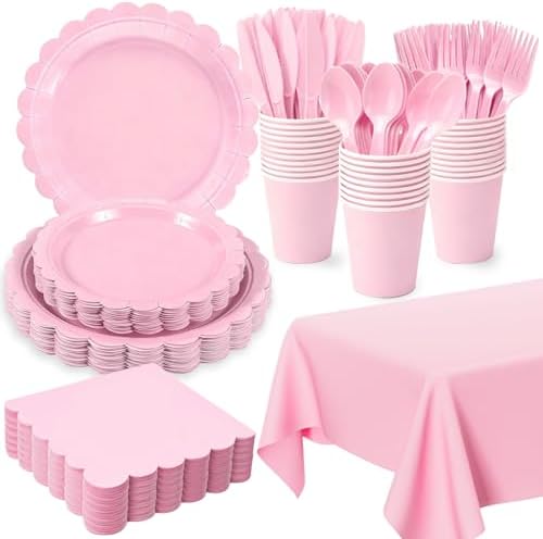 176 PCS Pink Party Decorations - Light Pink Scalloped Plates, Napkins, Cups, Cutlery, Tablecloth for Baby Shower, Wedding, Birthday Party Decorations, Serves 25 by Oigco