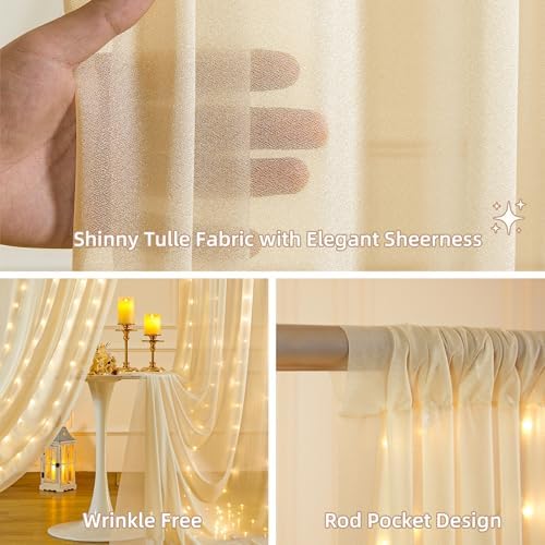 10x10FT Champagne Wrinkle Free Backdrop Curtains with Lights String for Parties - Photo Curtain Backdrop with Lights for Wedding Decorations, Bridal Baby Shower Birthday Party Photography Background - Image 2