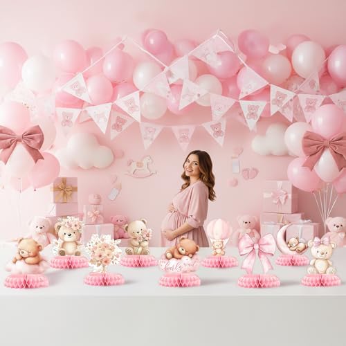 12 Pcs Pink Teddy Bear Baby Shower Decorations for Girl - We Can Bearly Wait Baby Shower Decorations - Pink Bear Balloon Centerpieces for Tables - Girl Baby Shower Honeycomb Table Decor 1st Birthday - Image 7