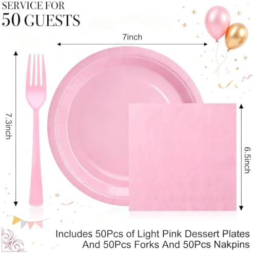Light Pink Party Plates and Napkins, Include 7’’ Disposable Paper Dessert Plates Napkins Forks Party Supplies for Baby Shower, Wedding, Birthday Party Decorations for Serves 50 - Image 2