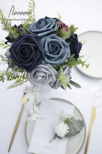 Floroom Artificial Flowers 25pcs Real Looking Dusty Blue Ombre Colors Foam Fake Roses with Stems for DIY Wedding Bouquets Bridal Shower Centerpieces Floral Arrangements Party Tables Home Decorations - Image 2