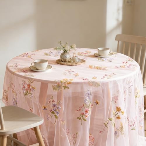 BINBE 1pcs Pink Florals Table Runner Embroidery Gauze 10FT Daisy Seasonal Tulle Birthday Wedding Holiday Kitchen Dining Table Decor for Home Party - Image 7