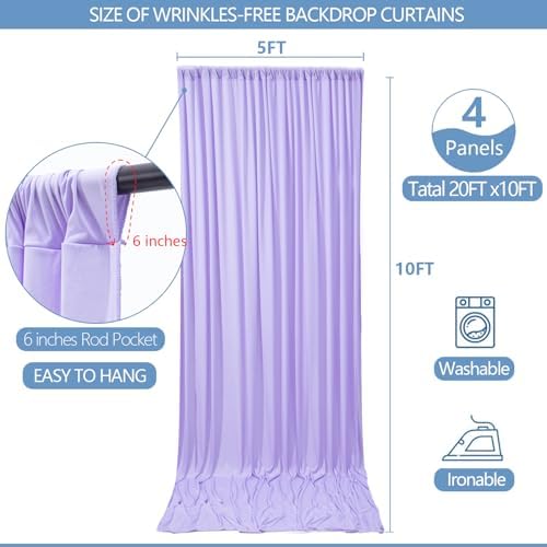 20x10ft Wrinkle Free Lavender Backdrop Curtain for Parties Soft Fabric Drapes Wedding Curtain Backdrop for Birthday Party Decorations Background for Photography 5x10ft,4 Panels - Image 3