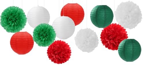 Red-Green White Party-Decorations Christmas Flowers Lanterns - 15PCS Italian Mexican Independence Day Paper Tissue Pom Poms Streamers,Mexico Italy Birthday Baby Shower Wedding Hanging Decor Hugfond - Image 7