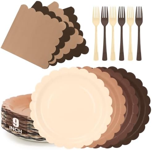 Brown Paper Plates Napkins and Forks Serves 24,9 Inch Neutral Brown Gradient Disposable Plates,Boho Earth Tone Tableware Set for Woodland Baby ShowerRustic Birthday,Wedding by CENLBJ