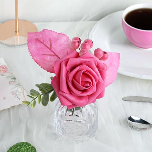 AmyHomie Hot Pink Rose 25pcs Real Looking Artificial Flowers w/Stem - Image 5