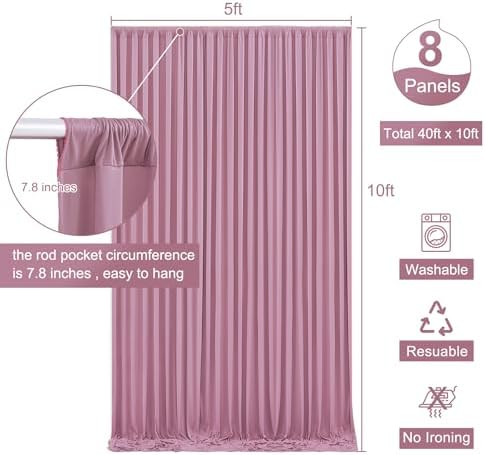 8 Panels Dusty Pink Backdrop Curtain for Wedding Parties Wrinkle Free Pink Photo Curtains Backdrop Drapes Fabric Decoration for Birthday Party Baby Shower 40ft(W) x 10ft(H) - Image 5