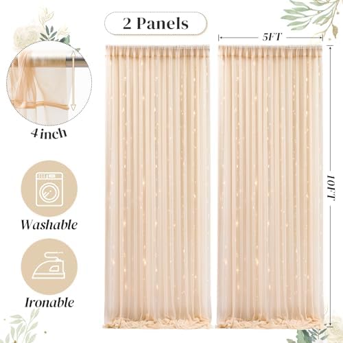 10ft x 10ft Champagne Backdrop Curtain with Lights String for Parties, Sheer Wedding Photo Backdrops Drapes for Baby Shower Birthday Party Decorations Background for Photography - Image 5