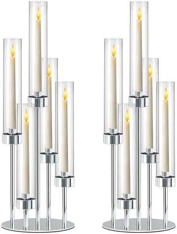 2 Pcs 5-Arm Silver Metal Table Candelabra Centerpiece, 22" Tall Clear Candlesticks Holder with Shade for Valentines Day Events Party Table Centerpiece,Fit LED Candles by kehail