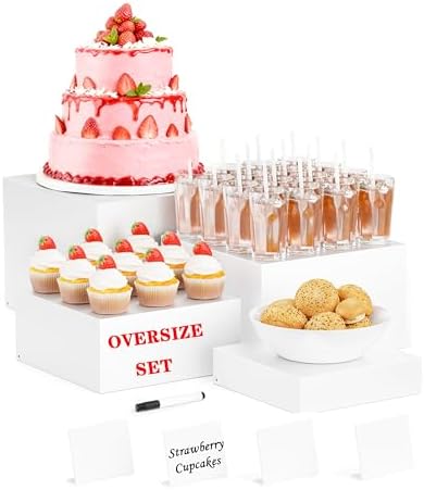 Metal Buffet Risers,4PCS OVERSIZED Food Risers for Buffet Table 8IN to 11IN Display Stand with Mini Acrylic Signs for Catering Dessert Wedding Collectibles Jewelry Figures Show Grayish White Cube Boxes Nesting Risers with Hollow Bottoms by YFEEN