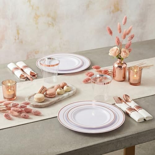 WELLIFE 350Pcs Rose Gold Plastic Plates for 50 Guests - Plastic Dinnerware Set,Party Supplies Includes 100 Rose Gold plates,150 Silverware,50 Napkins,50 Cups for Valentines and Galentines - Image 6