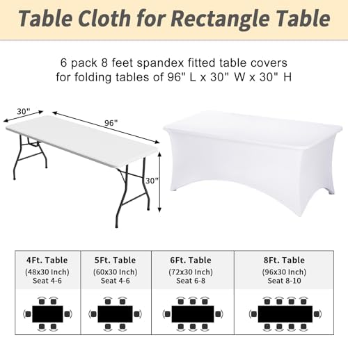 Fixwal 6 Pack 8FT White Tablecloth Rectangle Spandex Fitted Table Cover - Image 3