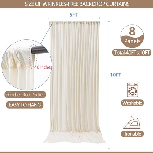 ESGOTBME 40x10ft Wrinkle Free Ivory Backdrop Curtain for Parties Soft Polyester and Nylon Fabric Drapes Wedding Birthday Party Decorations Background for Photography 5x10ft,8 Panels - Image 4