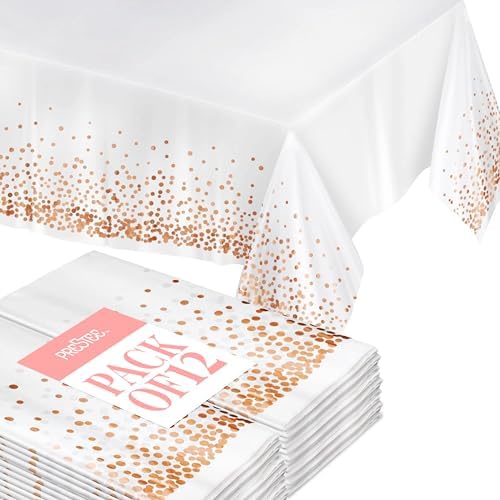 Prestee Rose Gold Plastic Rectangle Tablecloths Pack of 12-54" x 108" Disposable Table Cloths for Parties, Heavy-Duty Waterproof and Stain-Resistant Tablecloth for Thanksgiving, Weddings, Holidays by Prestee