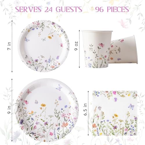 96PCS Wildflower Paper Plates and Napkins, Disposable Floral Plates for Bridal Shower, Garden Party, Wedding, Mother's Day, Spring Party, Baby Shower, Afternoon Tea Party - Image 2