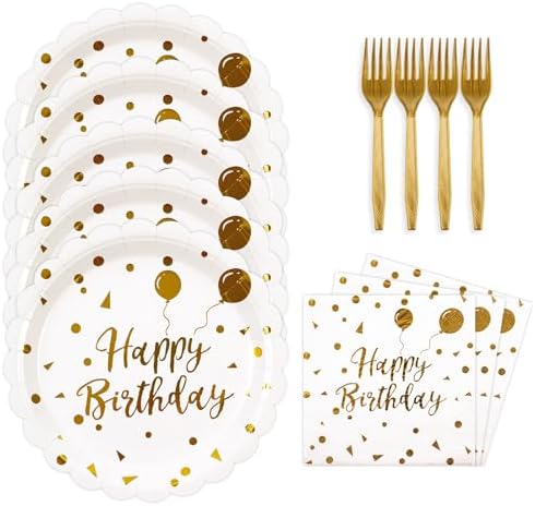48PCS Happy Birthday White Gold Plates and Napkins Party Supplies by BOKFJBP