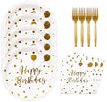 48PCS Happy Birthday White Gold Plates and Napkins Party Supplies by BOKFJBP