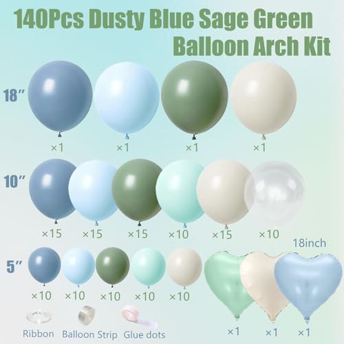 Dusty Blue Sage Green Balloon Arch Kit, 140Pcs Fog Blue and Light Blue Green Sand White Balloons Different Size with Heart Foil Balloon for Baby Shower Bridal Anniversary Birthday Party Decorations - Image 3