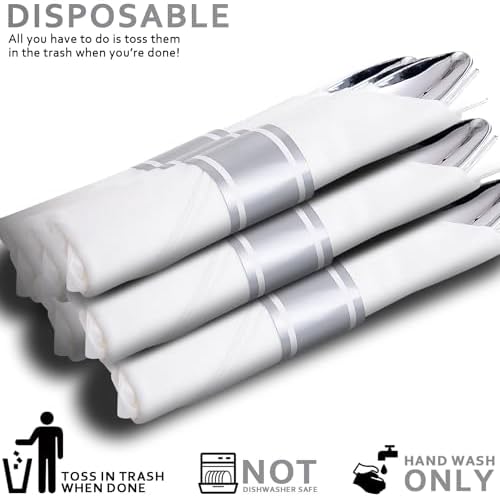 50Guests Pre Rolled Silver Plastic Silverware Sets - Heavy Duty Silver Cutlery - Include 50 Pack Wrapped Disposable Utensils with Napkins for Parties & Dinners & Weddings - Image 6