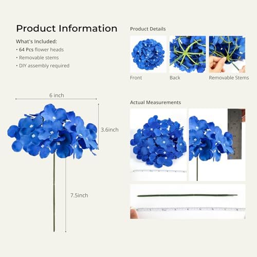 Auihiay 64Pcs Royal Blue Hydrangea Artificial Flowers, Silk Hydrangea Heads - Image 3