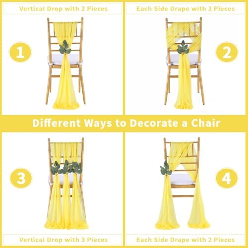 Yellow Chair Sashes Wedding Aisle Decorations: 50 Packs 8ft Long Draping Fabric Sheer Church Chair Cover Bulk for Party Banquet - Image 6