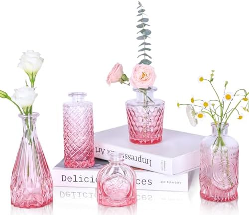 UPBUD Pink Glass Bud Vases Set of 5, Mini Flower Vase for Centerpieces, Small Clear Vases in Bulk for Wedding Decorations, Vintage Vase for Table, Home Décor by UPBUD