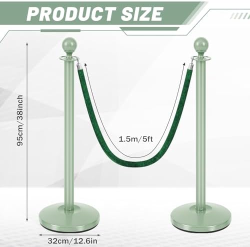 Ferraycle 4 Pcs Stainless Steel Stanchions 38 Inch with Velvet Rope, Green - Image 2