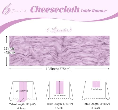 6 Pack Lavender Cheesecloth Table Runner, 17 x 108 inch, Semi Sheer Boho Cheese Cloth Fabric Table Runner Bulk for Wedding , Birthday, Party, Holiday, Home Decor (Lavender) - Image 3