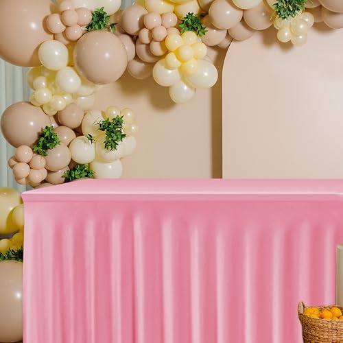 4 Pack Pink Spandex Table Covers 8ft Rectangle Ruffle Skirts for Party - Image 3