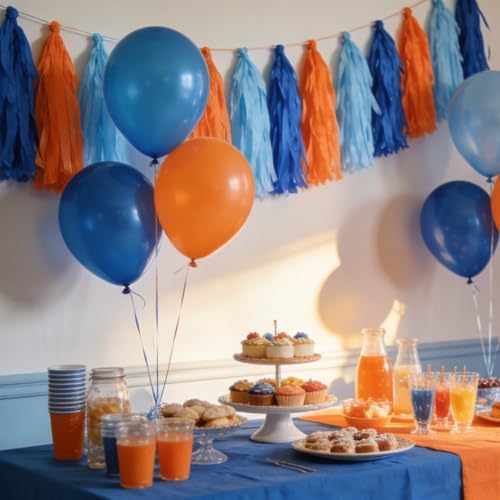 Blue and Orange Tassel Garland，Tissue Tassel Banner for Blue Orange Birthday Party Decorations,Pack of 20 - Image 3